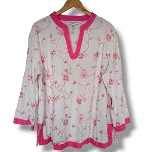 Mandarin Blue Linen Tunic Top Floral Embroidered 2X Pink White Boho Cottagecore